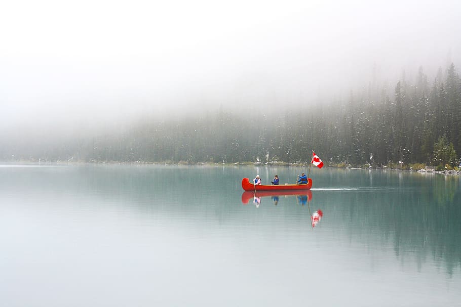 boat in calm body of water, canoe, lake, fog, reflection, forest HD wallpaper