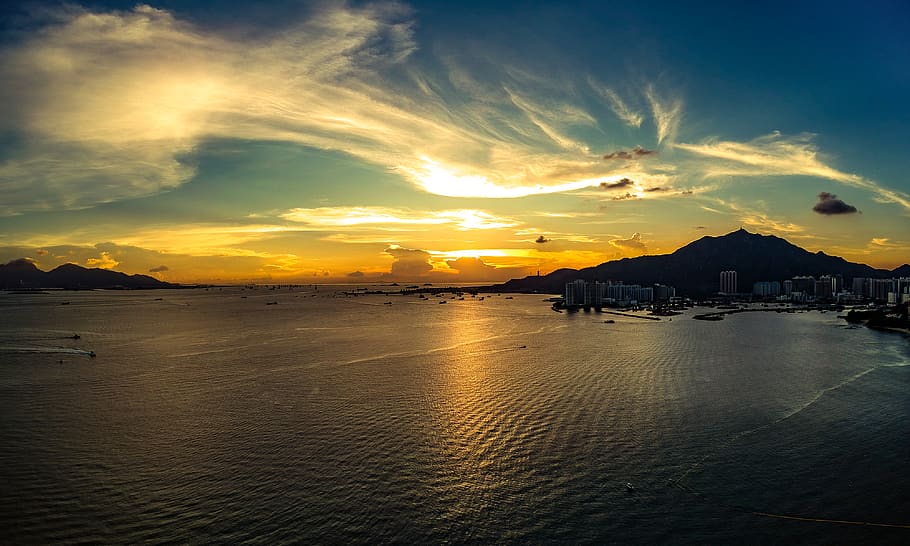 hong kong, unnamed road, sunset, sky, cloud - sky, water, sea HD wallpaper