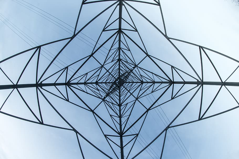 power, tower, lines, symmetry, sky, power lines, electric, electricity pylon HD wallpaper