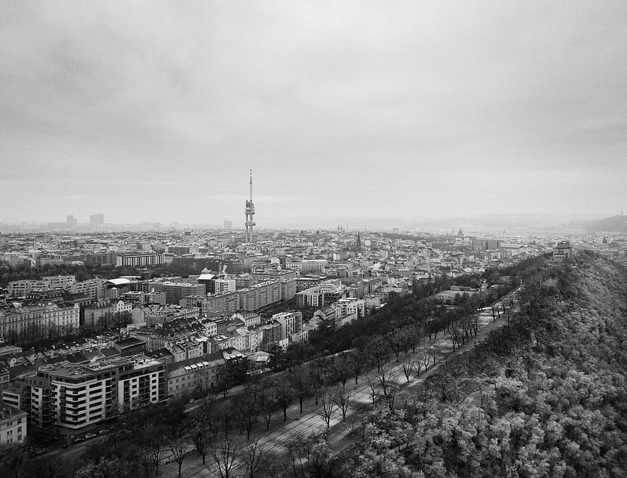 prague, czechia, vítkov, black and white, bw, aerial, city HD wallpaper