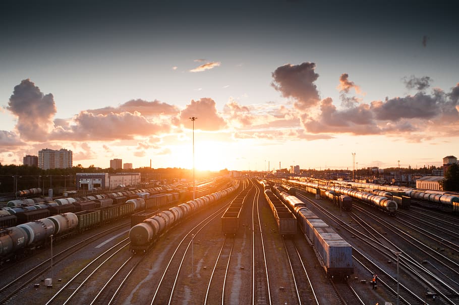 train station during golden hour, sky, sunset, cloud - sky, track HD wallpaper