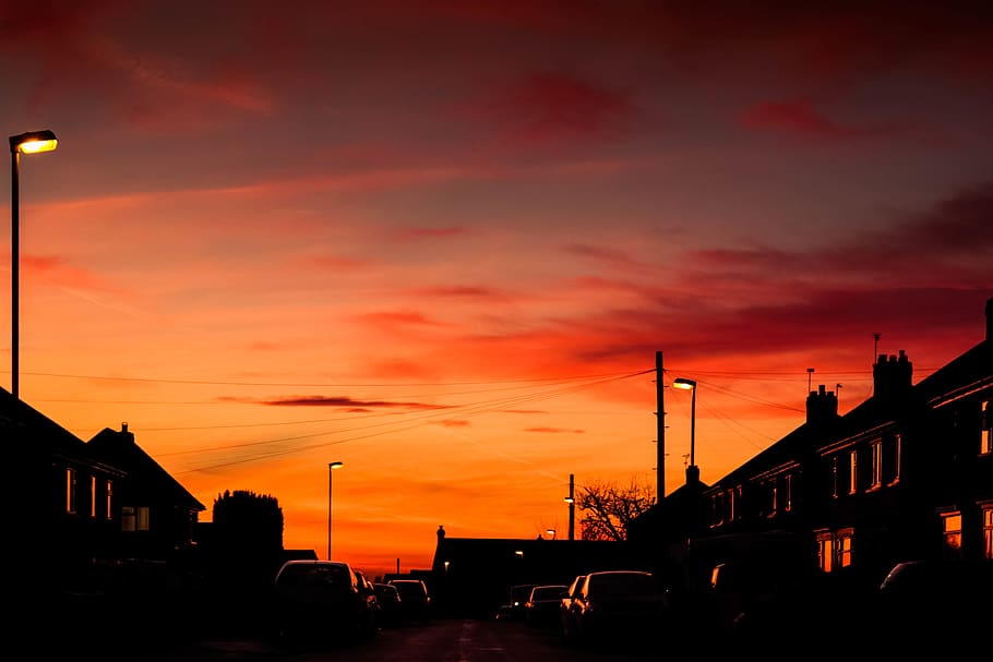 sunset, sky, street, road, house, streetlight, motor vehicle HD wallpaper