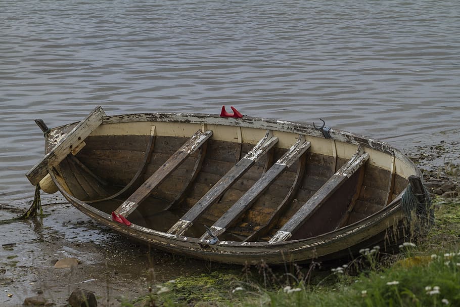 old, boat, rought, wooden, fishing, paint, chip, land, lake, HD wallpaper