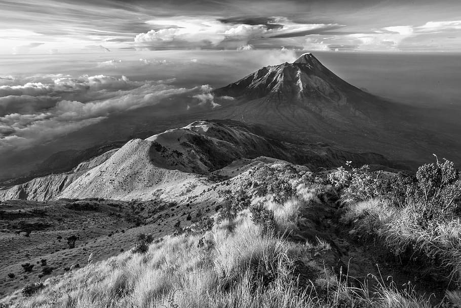 Mountain Peak, black-and-white, calm, clouds, cloudy, field, grass HD wallpaper