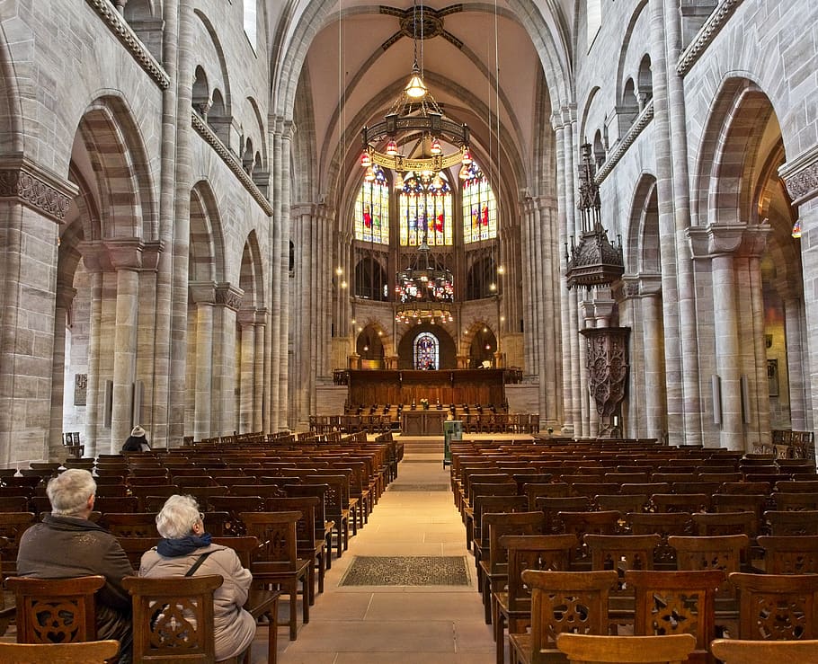 two people inside church, indoors, person, human, aisle, building HD wallpaper