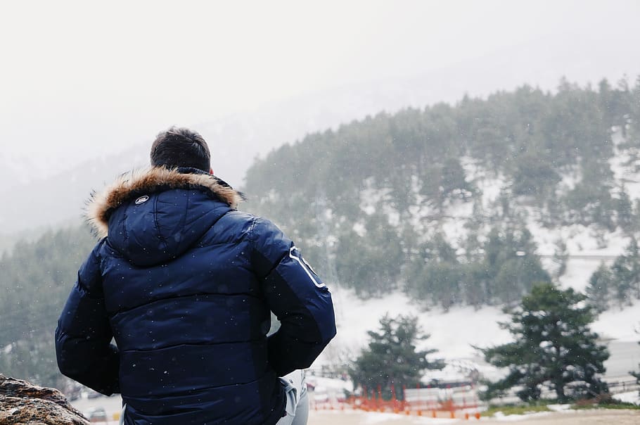 winter, looking, people, landscape, snow, mountain, rear view HD wallpaper