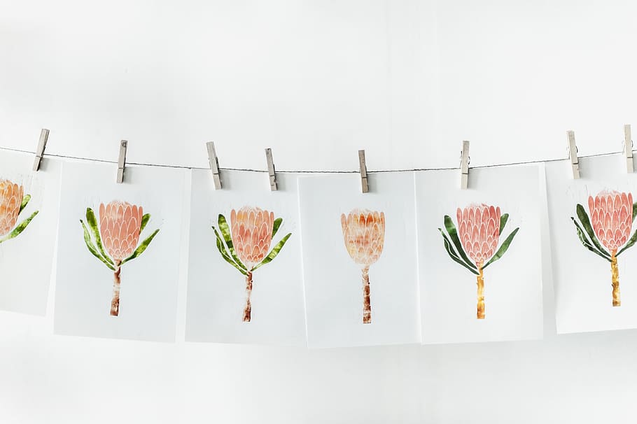White Paper With Orange Flower Print Lot, art, clothespins, creative HD wallpaper
