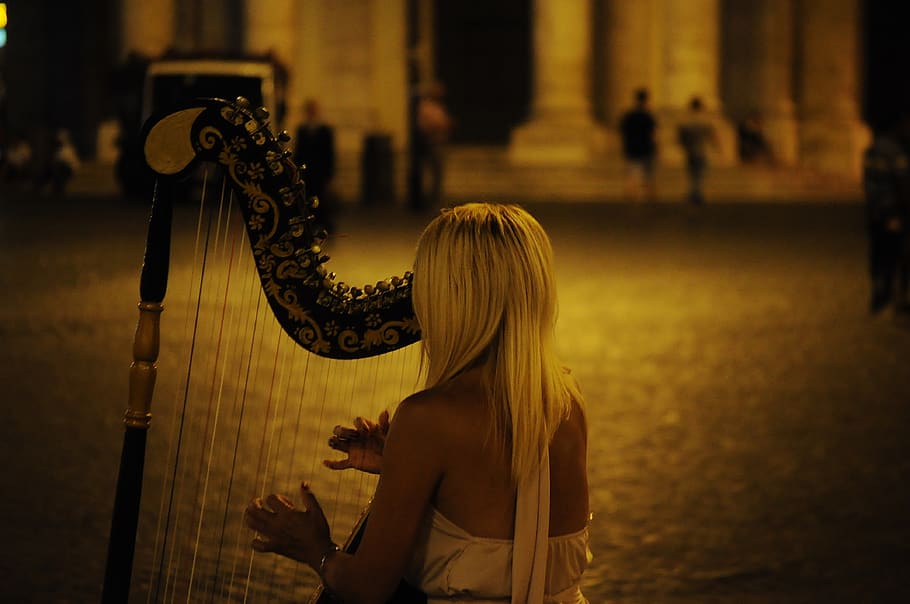 Woman Playing Harp, lady, music, music player, musical instrument