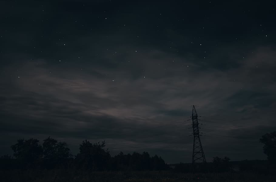 sky, night, cloud, stars, electric, wire, pole, beauty in nature HD wallpaper