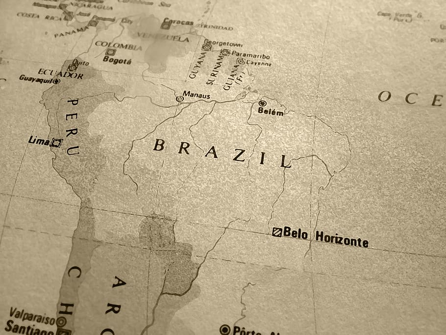 map, brazil, america, text, paper, no people, direction, world map, HD wallpaper