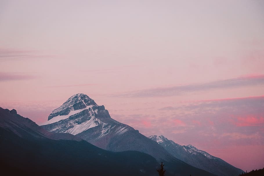 mountains, sunset, pink sky, clouds, snow, purple clouds, cold HD wallpaper