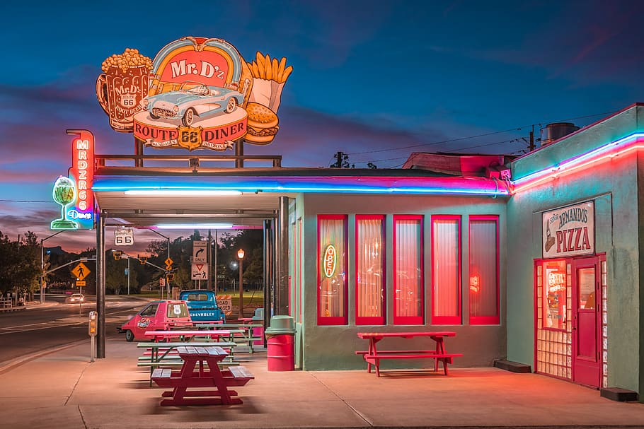 Mr.D'z diner illustration, illuminated, architecture, city, neon HD wallpaper