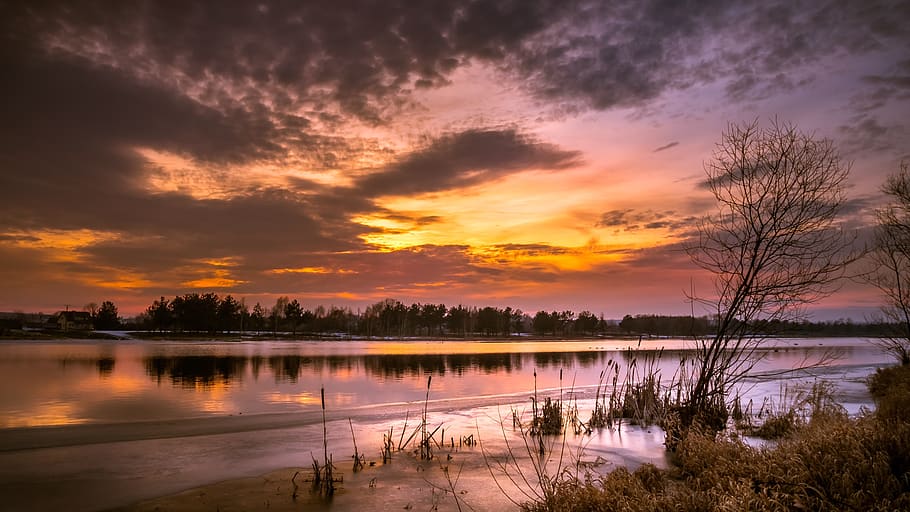 landscape, nature, sunset, tree, colors, river, winter, ice HD wallpaper