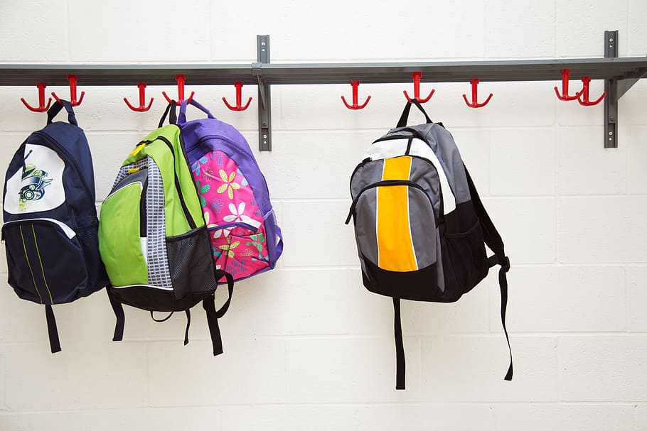 Backpacks Hanging On Hooks Photo, School, Bag, Education, clothing