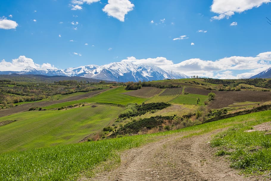 landscape, green, nature, sky, clouds, trail, trees, outdoor HD wallpaper
