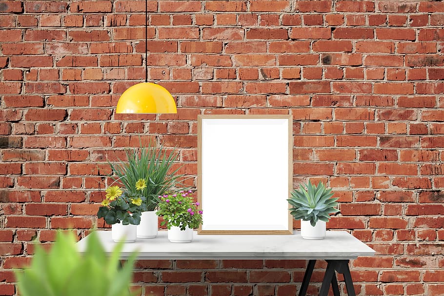 poster, frame, wall, desk, plants, brick, brick wall, built structure HD wallpaper