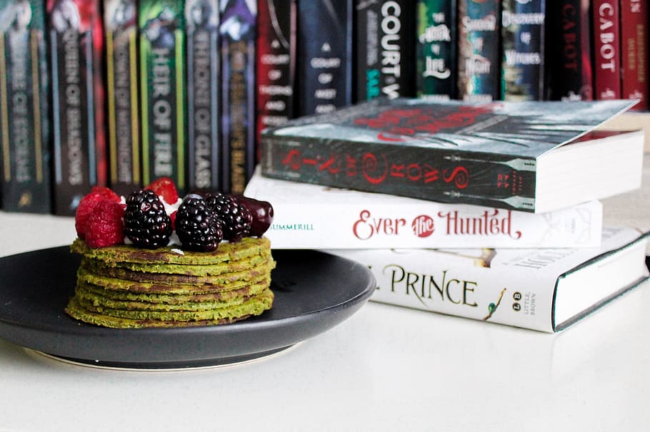 Books Near Cake on Plate, book series, book stack, bookcase, bookshelf HD wallpaper