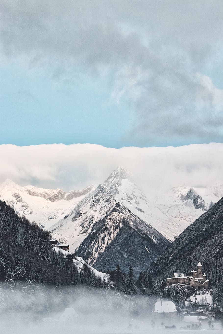 Structural Shot of Snowy Mountain, castle, clouds, cold, daytime HD wallpaper