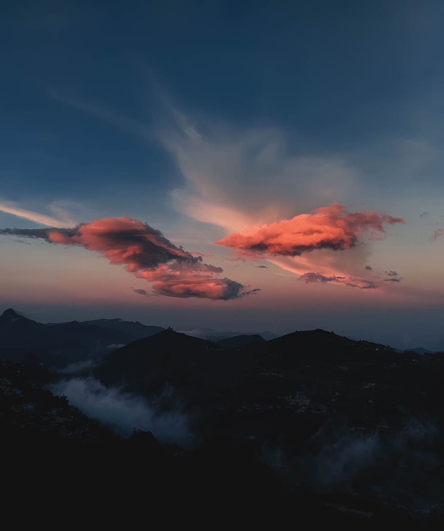 black mountain under white clouds and blue sky, sunset, sundown HD wallpaper