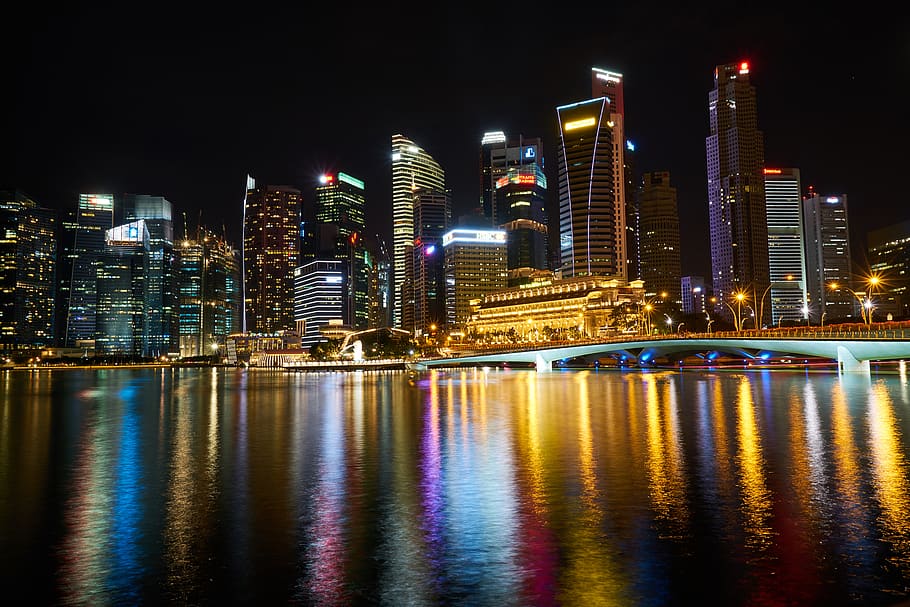 Lit Building Lights, architecture, bridge, buildings, city, cityscape HD wallpaper