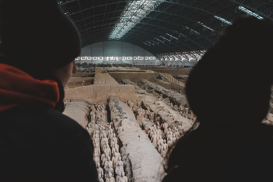 two person inside dome building, human, soil, hangar, archaeology, HD wallpaper