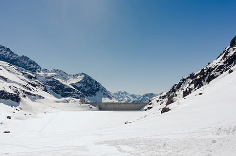 Dam in mountains, alpine, alps, blue, clouds, cold, europe, hiking HD wallpaper