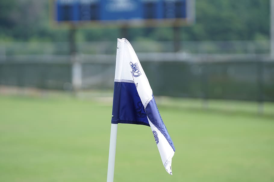 blue and white flag, focus on foreground, day, green color, no people HD wallpaper