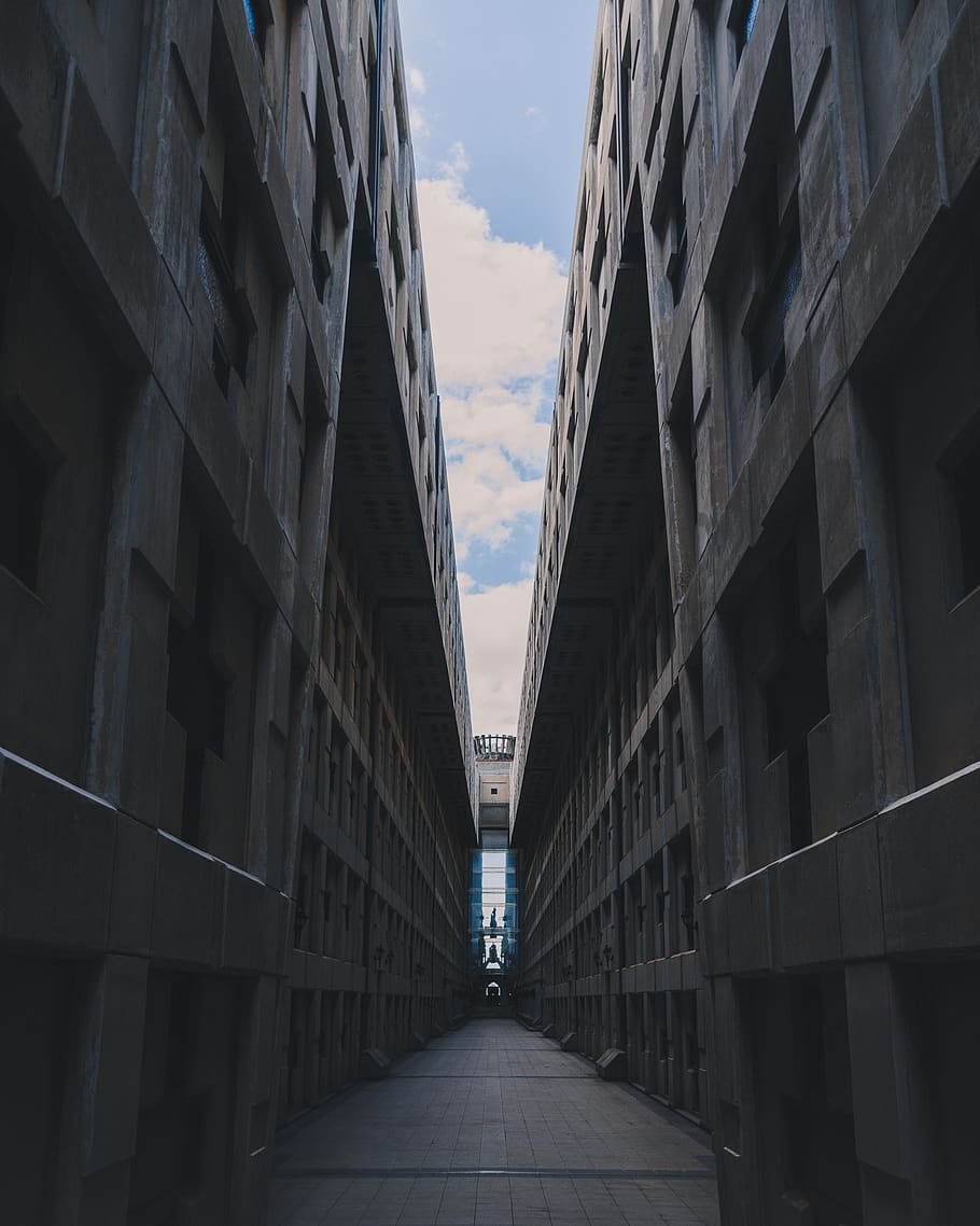corridor, road, path, buildings, tarmac, asphalt, office building HD wallpaper