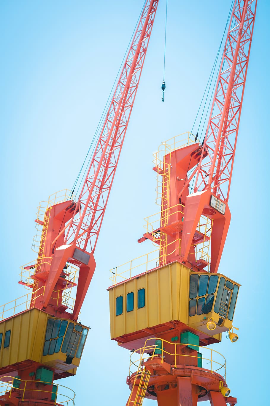 Orange Cranes, blue sky, construction, daylight, equipment, heavy HD wallpaper