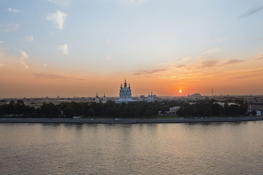 sunset, river, landscape, clouds, lake, city, church, cathedral HD wallpaper