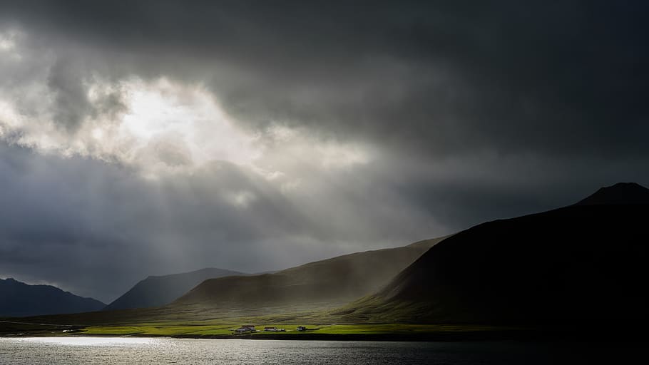 sunlight passing gray cloudy sky, grundarfjörður, iceland, outdoors HD wallpaper