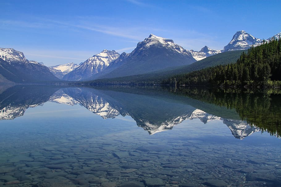 lake, mcdonald, landscape, mountains, skyline, peaks, reflection HD wallpaper