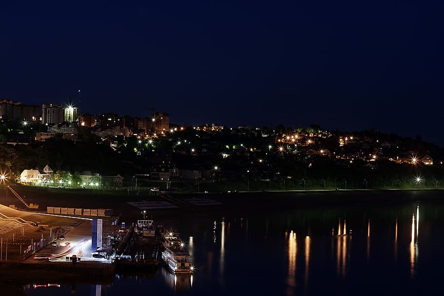 Night, scene, Aghidhel, river, illuminated, architecture, water HD wallpaper