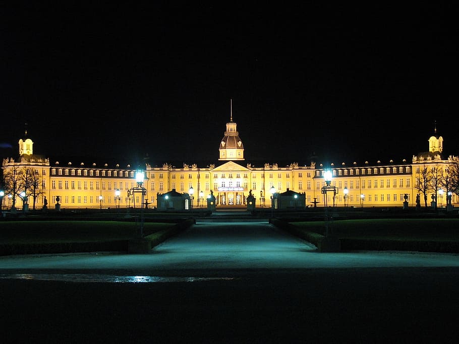 karlsruhe, palace, construction, architecture, urban, night HD wallpaper
