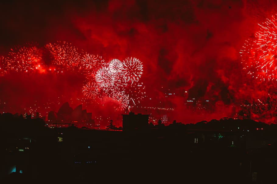 Red Fireworks Display, bright, celebration, evening, explosion HD wallpaper