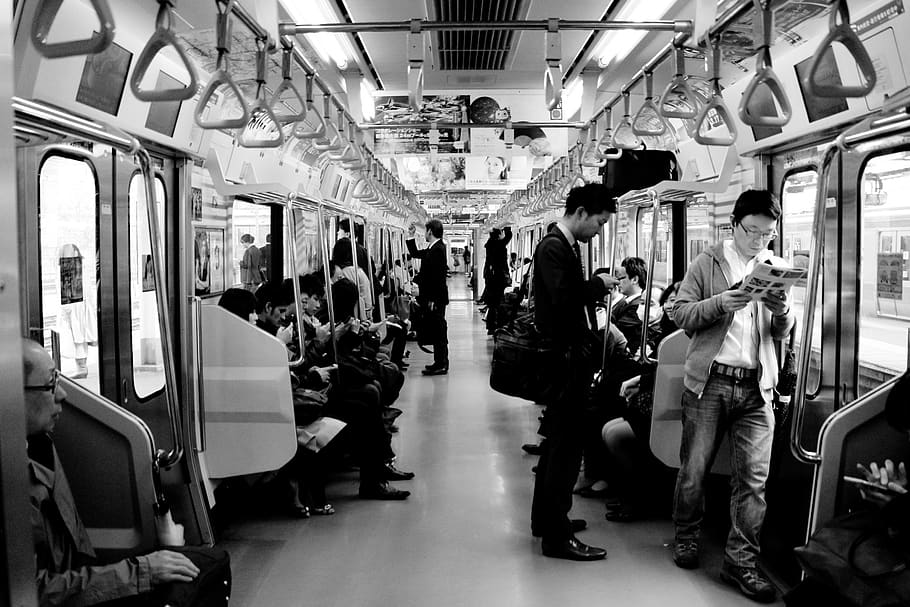 tokyo, subway, people, people on subway, subwaying, japan, black and white, HD wallpaper