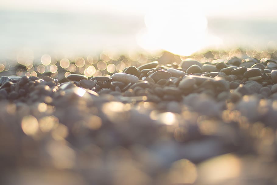 sunset, beach, stone, sea, selective focus, no people, water HD wallpaper