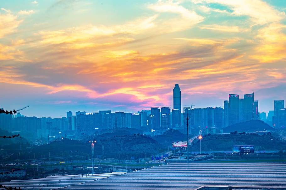 cloud, flame cloud, cirrus, sunset, skyline, city, building HD wallpaper