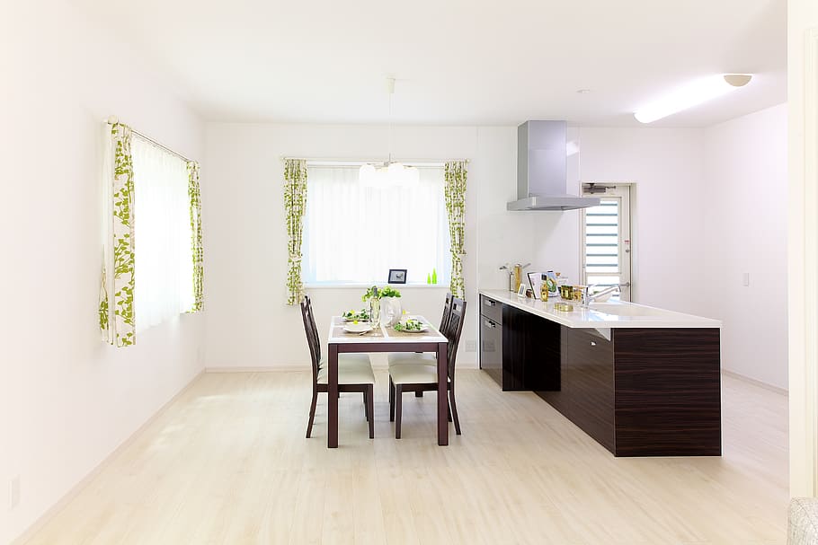 Rectangular White and Brown Wooden Dining Table and Four Chairs Near White and Brown Wooden Pedestal Desk HD wallpaper