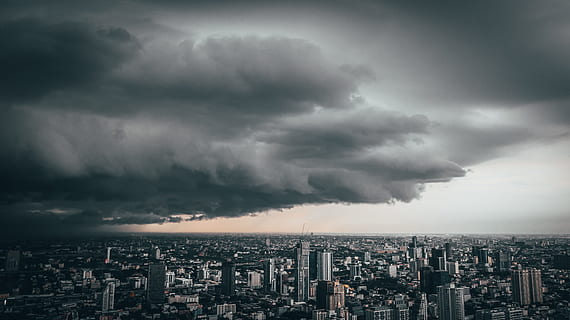 cumulonimbus clouds over city buildings, cityscape, storm, architecture HD wallpaper