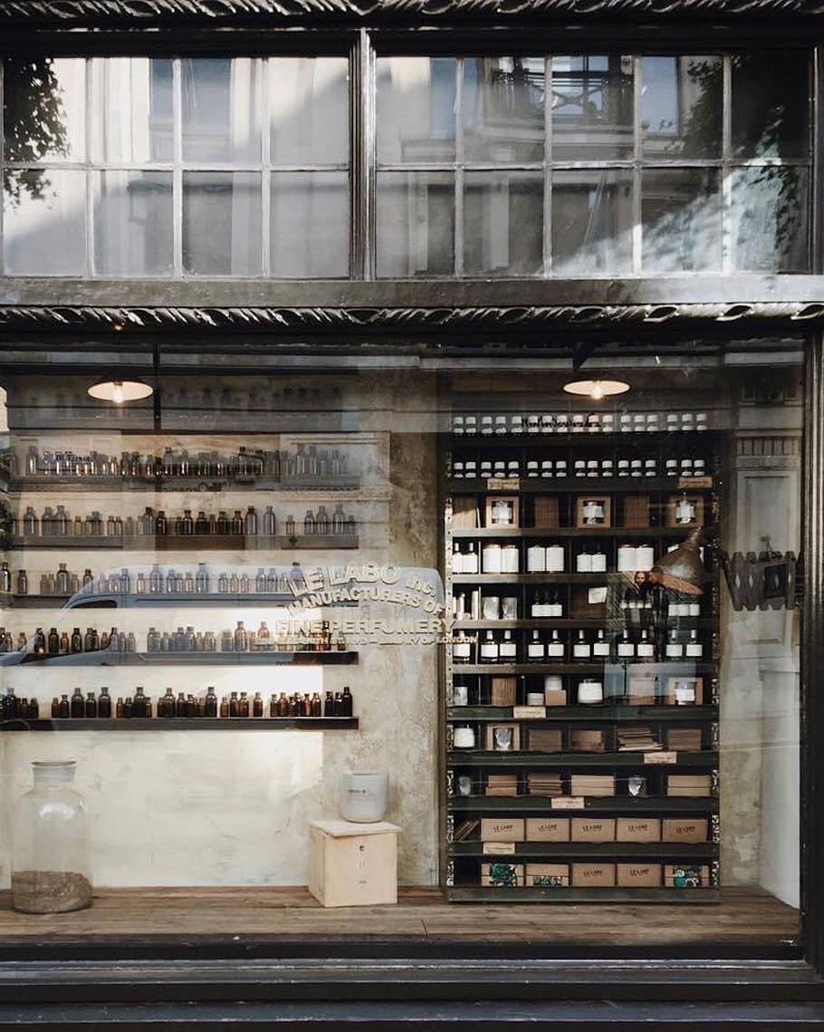 building, perfume, shelf, bottles, boxes, store, architecture HD wallpaper