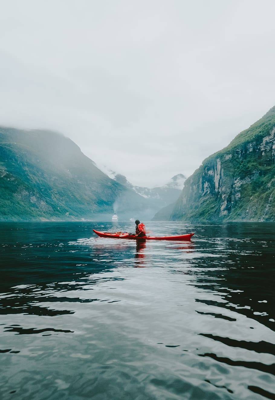 person riding kayak on body of water, lake, mountain, float, paddle, HD wallpaper