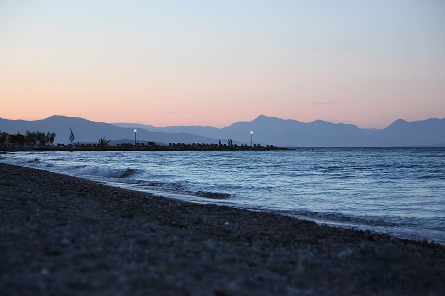greece, corfu, sea, beach, water, blue, light, setting sun HD wallpaper