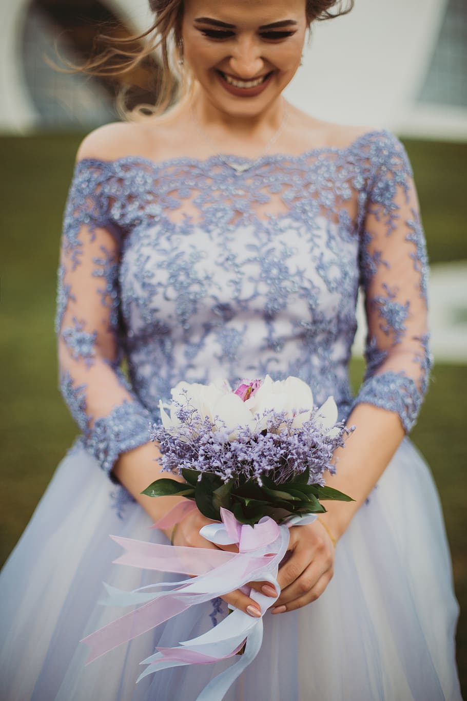 Shallow Focus on Purple Floral Off-shoulder Long-sleeved Lace Wedding Gown, HD wallpaper