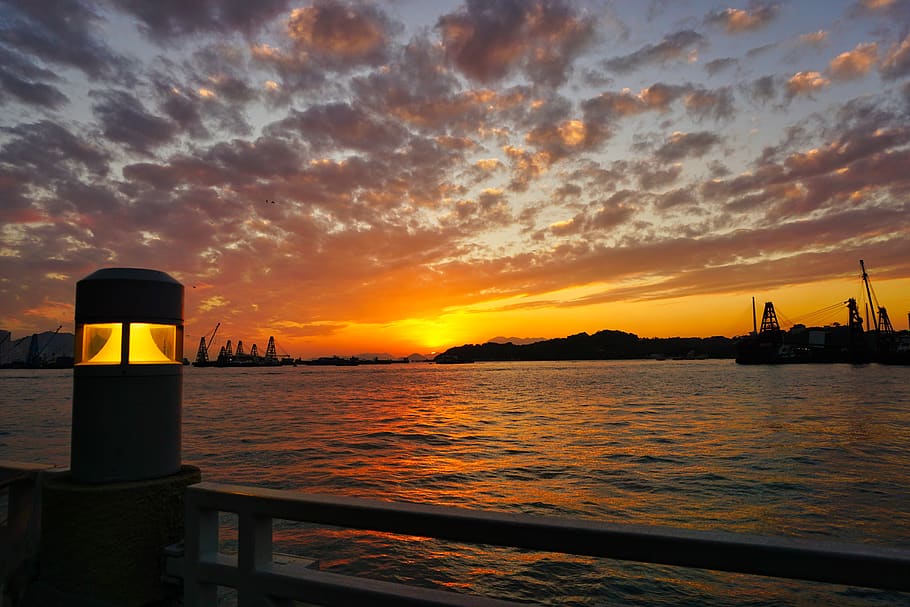 sky, sunset, harbour, orange, water, cloud - sky, orange color HD wallpaper