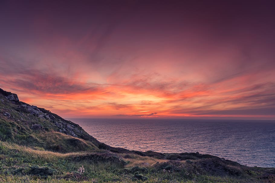nature, landscape, sun, ocean, sea, green, mountain, photography HD wallpaper