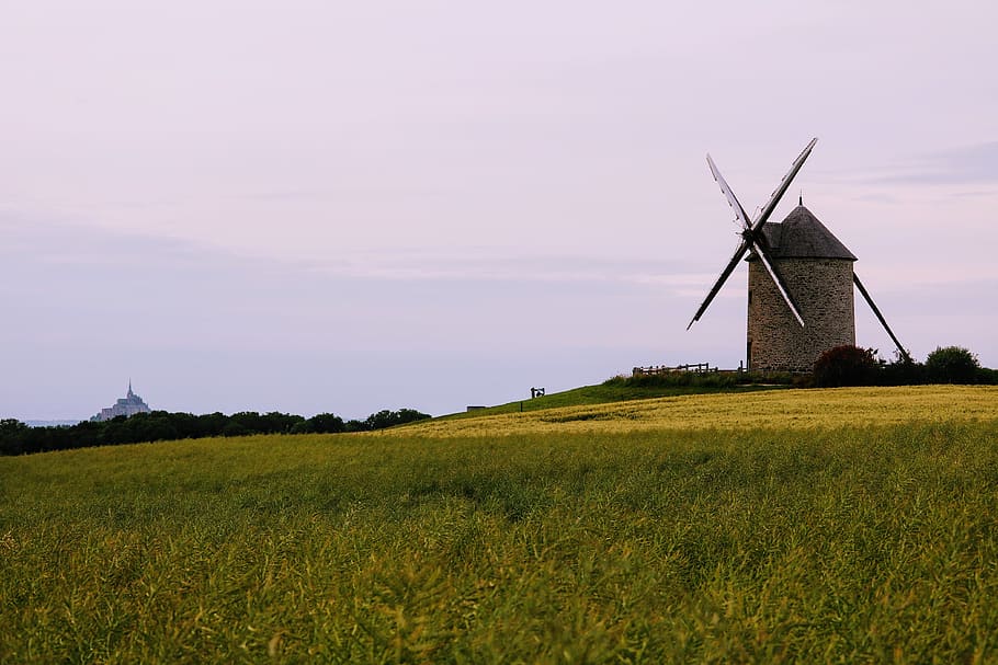 windmill, farm, agriculture, landscape, nature, clouds, sky, HD wallpaper