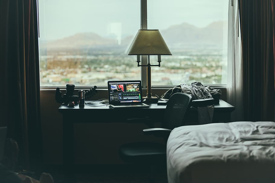 bed, room, lampshade, window, glass, outside, view, hotel, check in HD wallpaper