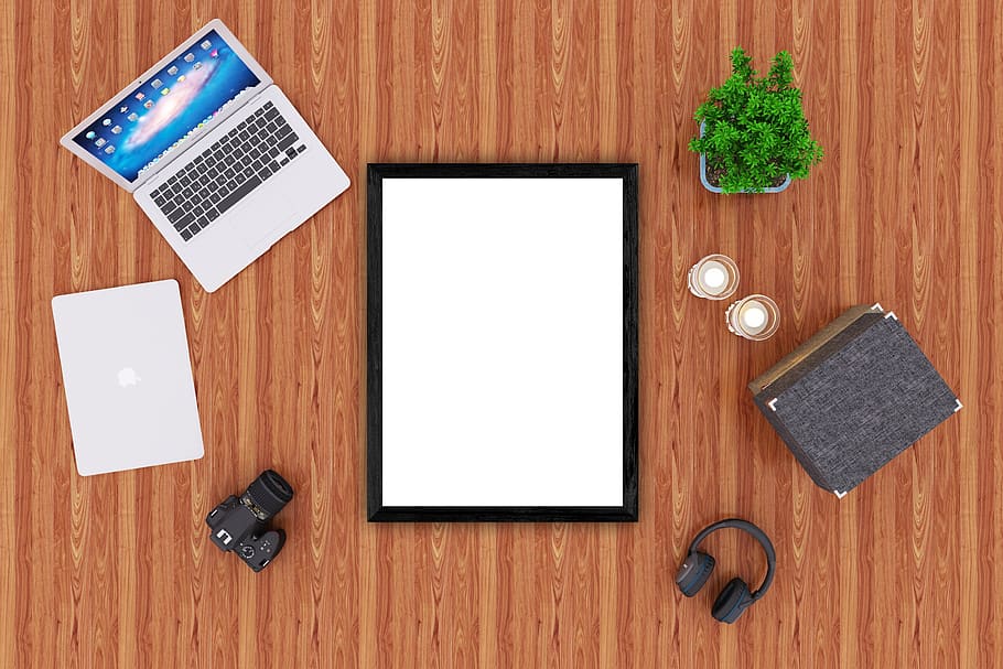 notebook, laptop, camera, headphone, boxes, plant, wood, poster HD wallpaper