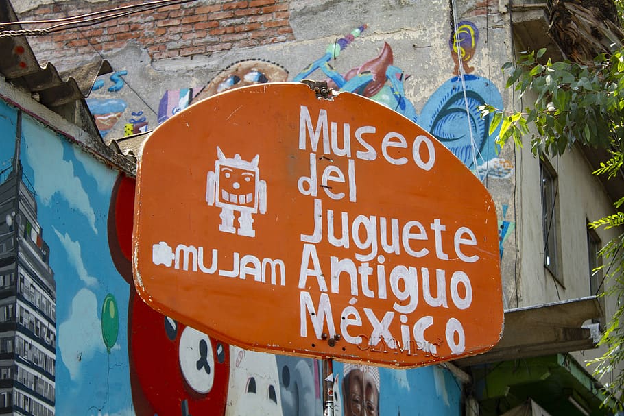 orange and white Museo del Juguete Antiguo Mexico signage, text, HD wallpaper